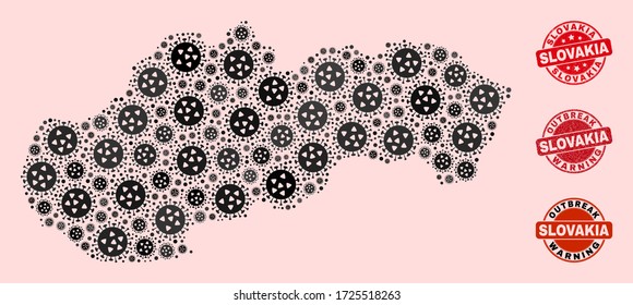 Outbreak composition of flu viral mosaic Slovakia map and dirty seals. Vector red watermarks with distress rubber texture and Outbreak Warning caption. Mosaic Slovakia map designed with flu virus,