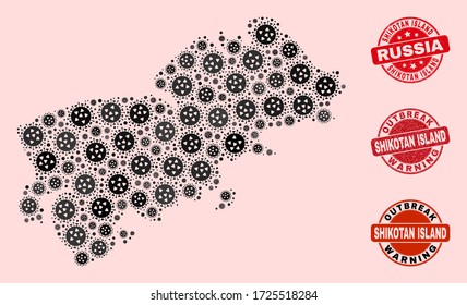 Outbreak composition of flu viral mosaic Shikotan Island map and rubber seal stamps. Vector red seals with unclean rubber texture and Outbreak Warning caption.