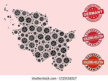 Composición del brote del mosaico viral de la gripe, del mapa de Schleswig-Holstein Land y de sellos sucios de foca. Impresiones rojas vectoriales con textura de caucho impura y pie de advertencia de brotes.