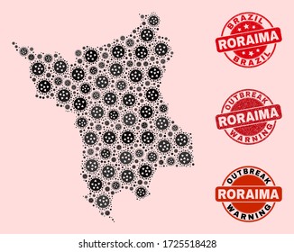 Zusammensetzung der Grippevirusmosaik Roraima Staatskarte und Gummidichtungen. Vektor rote Aufdrucke mit Gummi-Textur und Ausbruchwarnung.