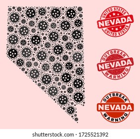 Outbreak composition of flu viral mosaic Nevada State map and textured seals. Vector red seals with scratched rubber texture and Outbreak Warning caption.