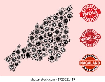 Outbreak composition of flu viral mosaic Nagaland State map and unclean seals. Vector red imprints with grunge rubber texture and Outbreak Warning caption.
