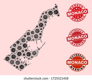Outbreak composition of flu viral mosaic Monaco map and unclean stamps. Vector red seals with unclean rubber texture and Outbreak Warning caption. Mosaic Monaco map designed with flu virus,