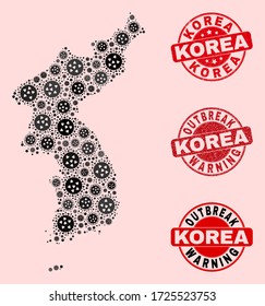 Outbreak composition of flu viral mosaic Korea map and textured seals. Vector red seals with scratched rubber texture and Outbreak Warning caption. Mosaic Korea map constructed with flu virus,