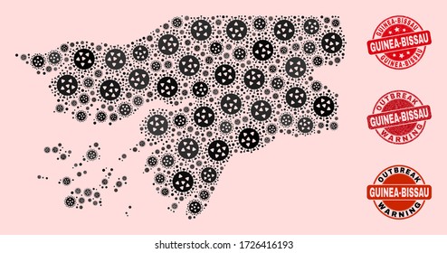 Outbreak composition of flu viral mosaic Guinea-Bissau map and rubber seal stamps. Vector red imprints with unclean rubber texture and Outbreak Warning caption.