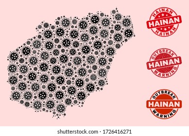 Outbreak composition of flu viral mosaic Hainan map and rubber seal stamps. Vector red seals with distress rubber texture and Outbreak Warning caption. Mosaic Hainan map constructed with flu virus,