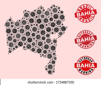 Composición de brote de mosaico de infección en el mapa del estado de Bahía y sellos de caucho. Sellos rojos vectoriales con textura de goma gruesa y pie de advertencia de brotes. Mapa del estado de Bahía Mosaica diseñado con virus SARS,
