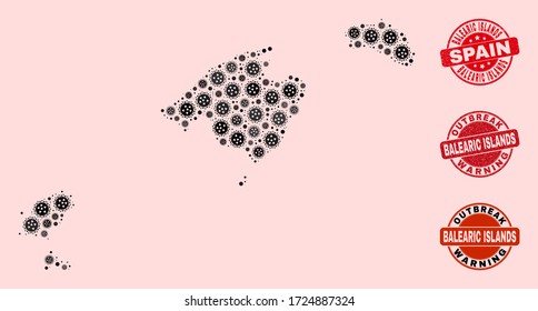 Outbreak composition of infection mosaic Balearic Islands map and unclean seals. Vector red seals with scratched rubber texture and Outbreak Warning caption.
