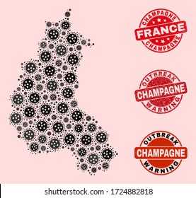 Outbreak composition of infection mosaic Champagne Province map and rubber seals. Vector red imprints with corroded rubber texture and Outbreak Warning caption.
