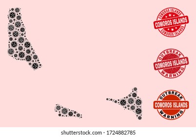 Composición de brote de mosaicos de infección en el mapa de las Islas Comoras y sellos de foca de grano. Sellos rojos vectoriales con textura de caucho impura y pie de advertencia de brotes.
