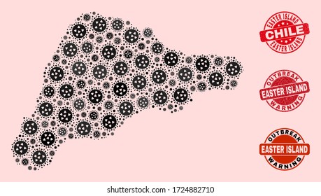 Outbreak composition of infection mosaic Easter Island map and rubber seal stamps. Vector red imprints with distress rubber texture and Outbreak Warning caption.
