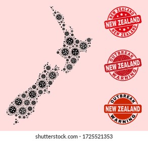 Outbreak composition of infection mosaic New Zealand map and grunge seals. Vector red seals with grunge rubber texture and Outbreak Warning caption. Mosaic New Zealand map designed with SARS virus,