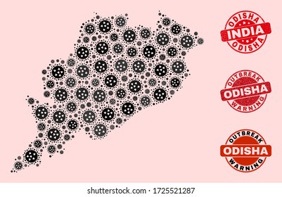 Outbreak composition of infection mosaic Odisha State map and unclean stamps. Vector red imprints with distress rubber texture and Outbreak Warning caption.