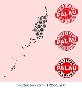 Outbreak composition of infection mosaic Palau map and rubber seals. Vector red seals with unclean rubber texture and Outbreak Warning caption. Mosaic Palau map designed with flu virus,