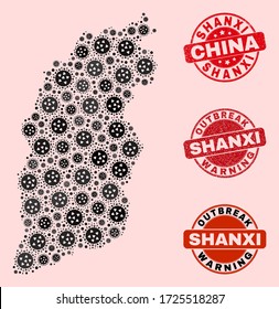 Outbreak composition of infection mosaic Shanxi Province map and unclean seal stamps. Vector red imprints with corroded rubber texture and Outbreak Warning caption.