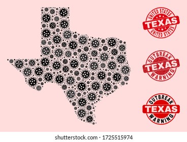Outbreak composition of infection mosaic Texas State map and grunge seals. Vector red imprints with grunge rubber texture and Outbreak Warning caption.