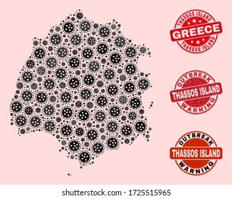 Outbreak composition of infection mosaic Thassos Island map and scratched seal stamps. Vector red seals with grunge rubber texture and Outbreak Warning caption.