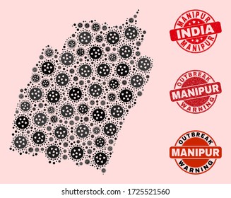 Outbreak composition of pandemic mosaic Manipur State map and rubber seals. Vector red seals with grunge rubber texture and Outbreak Warning caption.