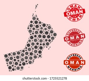 Outbreak composition of pandemic mosaic Oman map and rubber seals. Vector red seals with scratched rubber texture and Outbreak Warning caption. Mosaic Oman map constructed with coronavirus,