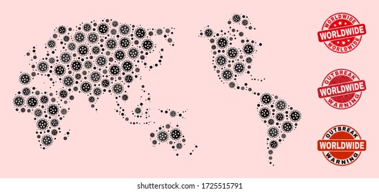 Outbreak composition of pandemic mosaic worldwide map and unclean seal stamps. Vector red watermarks with unclean rubber texture and Outbreak Warning caption.