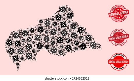 Die Zusammensetzung des Virusmosaiks der Zentralafrikanischen Republik nach Ausbrüchen und kratzte Robben. Vector Rot Siegel mit Grunge Gummi Textur und Outbreak Warning Caption.