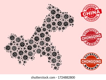 Composición de brote del mosaico del virus en el mapa de la ciudad de Chongqing y sellos de goma. Marcas de agua rojas vectoriales con textura de caucho impura y pie de advertencia de brotes.