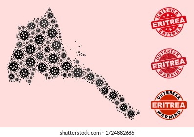 Outbreak composition of virus mosaic Eritrea map and unclean stamps. Vector red imprints with unclean rubber texture and Outbreak Warning caption. Mosaic Eritrea map constructed with coronavirus,
