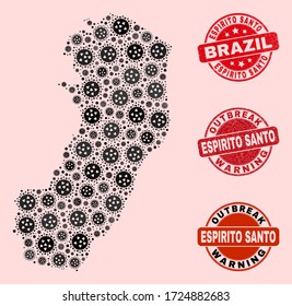 Outbreak composition of virus mosaic Espirito Santo State map and dirty seals. Vector red imprints with grunge rubber texture and Outbreak Warning caption.