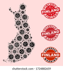 Outbreak composition of virus mosaic Finland map and dirty seals. Vector red seals with distress rubber texture and Outbreak Warning caption. Mosaic Finland map constructed with flu virus,