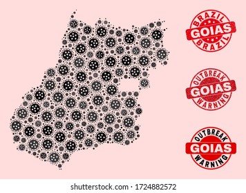 Outbreak composition of virus mosaic Goias State map and scratched seals. Vector red watermarks with scratched rubber texture and Outbreak Warning caption.