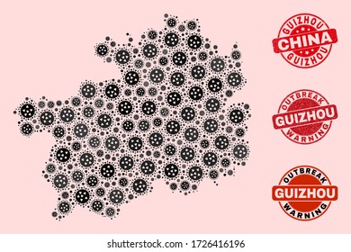 Zusammensetzung des Virus mosaic Guizhou Provinz Karte und schmutzige Robben. Vektor rote Wasserzeichen mit korrodierter Gummistruktur und Ausbruchwarnung.