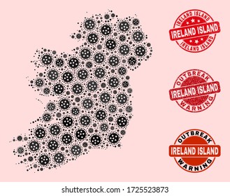 Outbreak composition of virus mosaic Ireland Island map and grunge stamps. Vector red imprints with grunge rubber texture and Outbreak Warning caption.