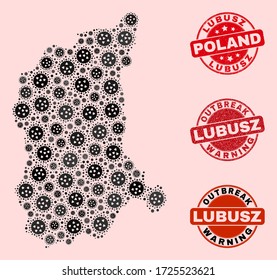 Outbreak composition of virus mosaic Lubusz Voivodeship map and rubber seal stamps. Vector red watermarks with distress rubber texture and Outbreak Warning caption.