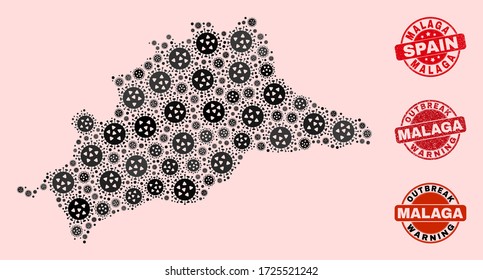 Zusammensetzung des Virus mosaic Malaga Provinz Karte und schmutzige Robben. Vector rote Dichtungen mit unreiner Gummistruktur und Ausbruchwarnung.