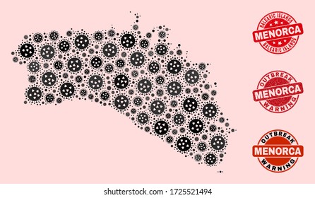 Outbreak composition of virus mosaic Menorca Island map and rubber seal stamps. Vector red imprints with grunge rubber texture and Outbreak Warning caption.