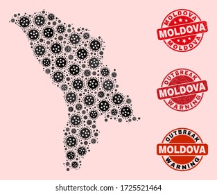 Composición de brote del mapa de Moldavia con mosaico de virus y sellos de foca de grunge. Impresiones de color rojo vectorial con textura de goma gruesa y pie de advertencia de brotes. Mapa de Moldavia Mosaica construido con virus SARS,
