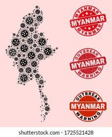 Outbreak composition of virus mosaic Myanmar map and rubber seal stamps. Vector red imprints with grunge rubber texture and Outbreak Warning caption. Mosaic Myanmar map designed with flu virus,