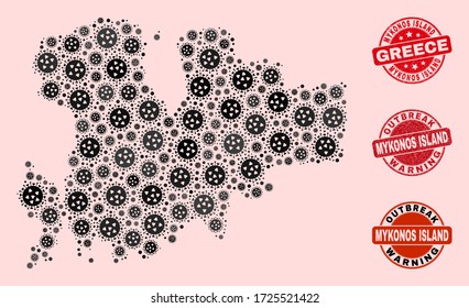 Outbreak composition of virus mosaic Mykonos Island map and rubber stamps. Vector red imprints with distress rubber texture and Outbreak Warning caption.