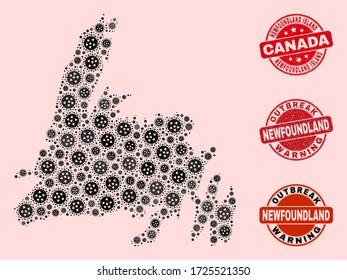 Outbreak composition of virus mosaic Newfoundland Island map and corroded seals. Vector red seals with grunge rubber texture and Outbreak Warning caption.