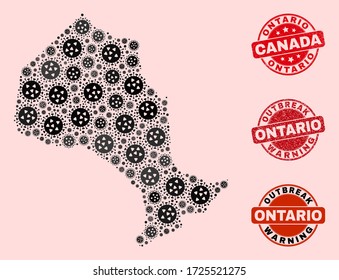 Outbreak composition of virus mosaic Ontario Province map and corroded seal stamps. Vector red imprints with corroded rubber texture and Outbreak Warning caption.