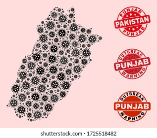 Outbreak composition of virus mosaic Punjab Province map and unclean seals. Vector red watermarks with unclean rubber texture and Outbreak Warning caption.