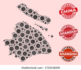 Zusammensetzung des Virusmosaiks in Shanghai City und korrodierte Robben. Vektor rote Dichtungen mit Gummi-Textur und Ausbruch-Warnung Beschriftung.