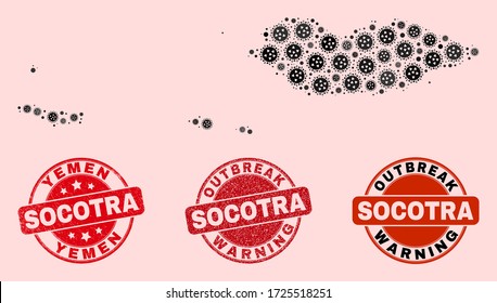 Composición de brote del mapa del archipiélago Socotra y sellos de caucho. Sellos rojos vectores con textura de caucho corroída y pie de advertencia de brotes.