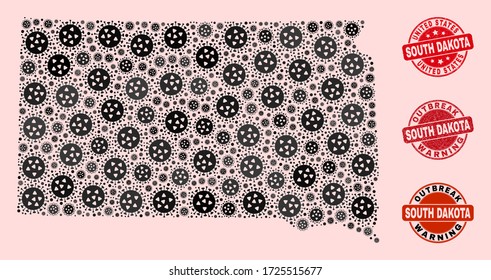 Composición de brotes del mosaico del virus en el estado de Dakota del Sur y focas sucias. Sellos rojos vectores con textura de caucho corroída y pie de advertencia de brotes.