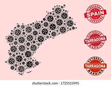 Outbreak composition of virus mosaic Tarragona Province map and corroded seal stamps. Vector red seals with corroded rubber texture and Outbreak Warning caption.