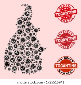 Composición de brote del mosaico del virus Tocantins State map y sellos de sellado de caucho. Impresiones de color rojo vectorial con textura de goma gruesa y pie de advertencia de brotes.