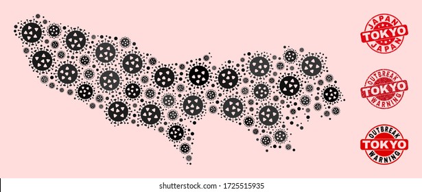 Outbreak composition of virus mosaic Tokyo Prefecture map and grunge seals. Vector red seals with scratched rubber texture and Outbreak Warning caption.