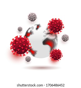 El brote de la infección por el coronavirus se difundió en un mapa mundial. Covid 19, células del virus de la corona aisladas en un fondo blanco. Banner mínimo