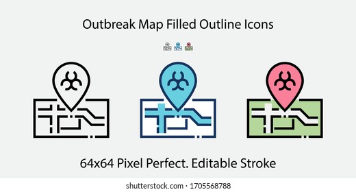 Outbreak Map Coronavirus Filled Outline Icons. Colorful Linear Set Vector Line Icon. 64x64 Pixel Perfect. Editable Stroke