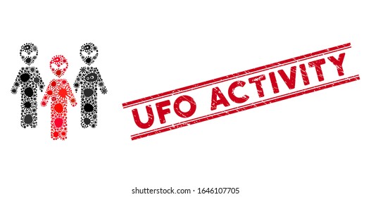 Outbreak mosaic alien group icon and red UFO Activity seal between double parallel lines. Mosaic vector is formed with alien group icon and with randomized bacteria icons.